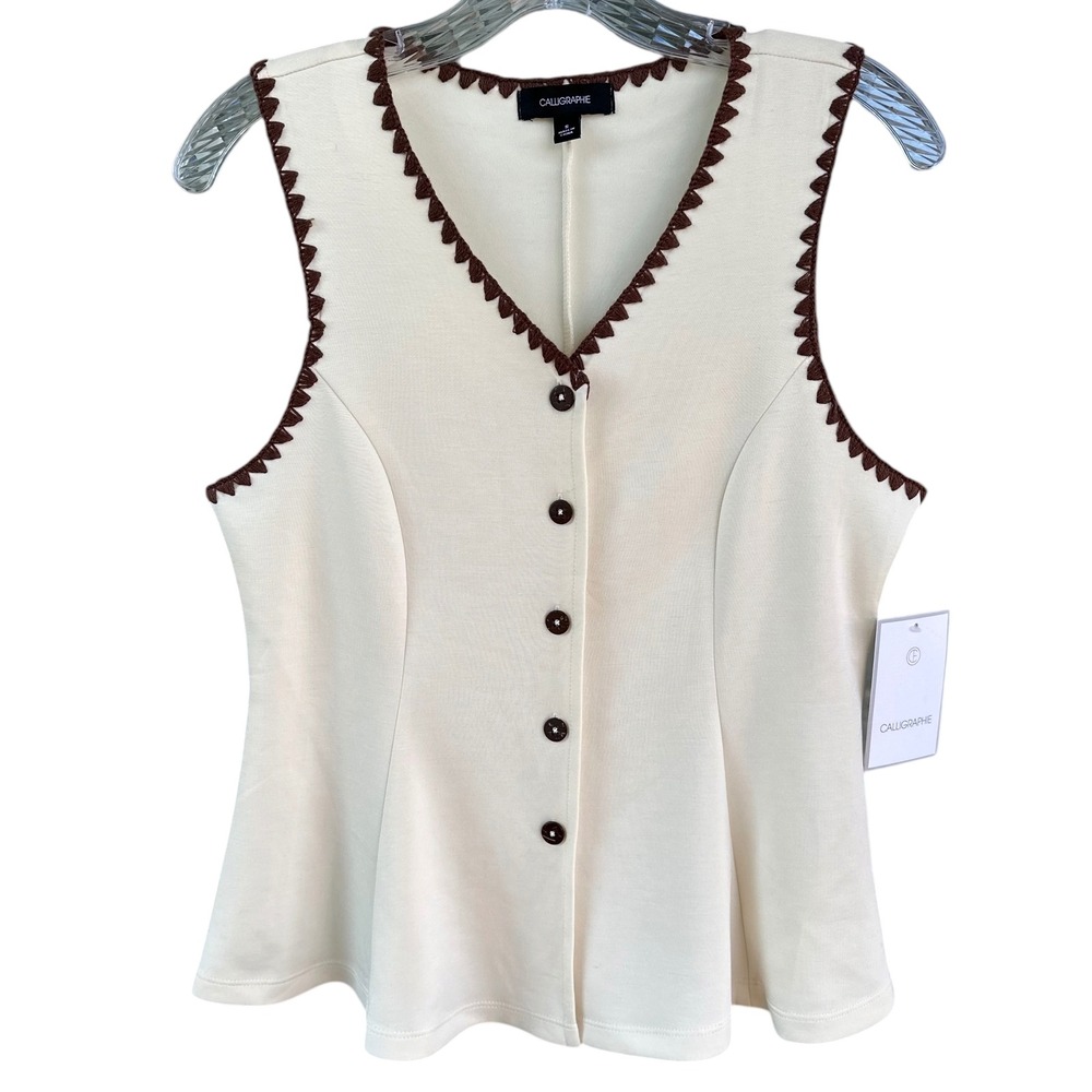 Calligraphie Cream Brown‎ Crochet Trim Button Front Peplum Vest Top Small NWT